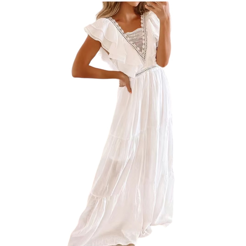 ✨NEW✨ Boho White Ruffled Maxi Lace Feminine Maxi Dress - Women’s Juniors Large - Picture 10 of 14